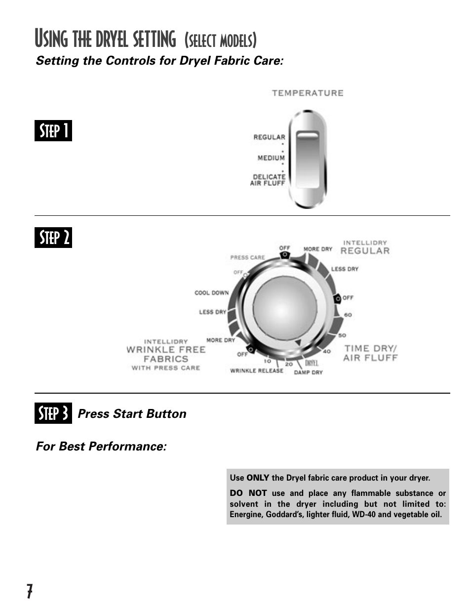 Sing the dryel setting, Select models), Step 1 step 3 step 2 | Maytag INTELLIDRY MD-16 User Manual | Page 8 / 12