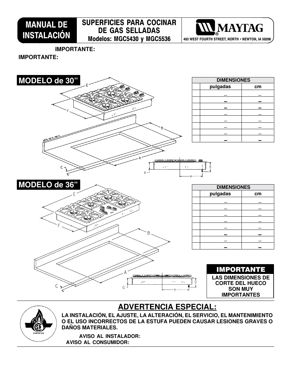 Manual de instalación, Modelo de 36, Superficies para cocinar de gas selladas | Advertencia especial, Modelo de 30, Importante | Maytag MGC5536 User Manual | Page 13 / 36