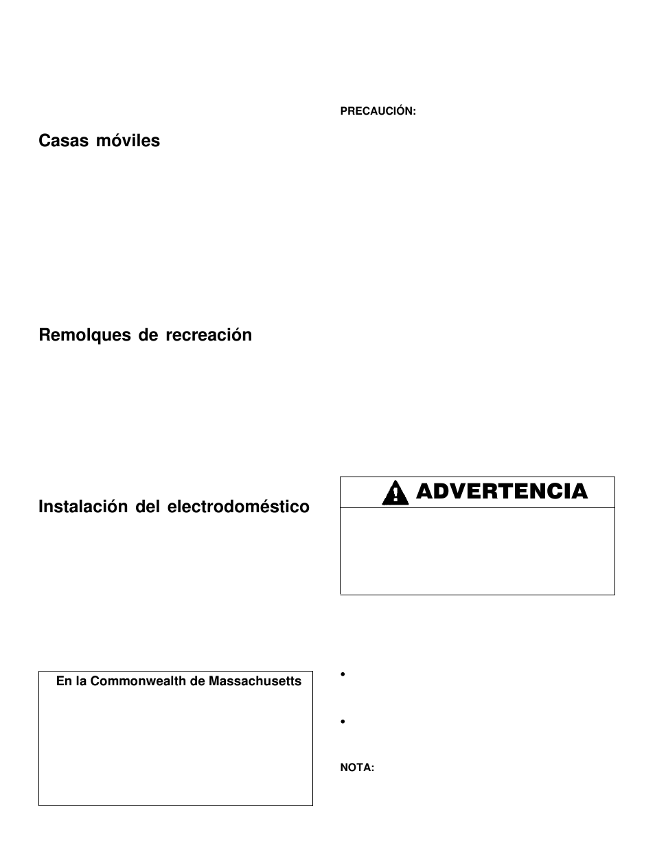 Advertencia, Casas móviles, Remolques de recreación | Instalación del electrodoméstico | Maytag MGC5536 User Manual | Page 15 / 36