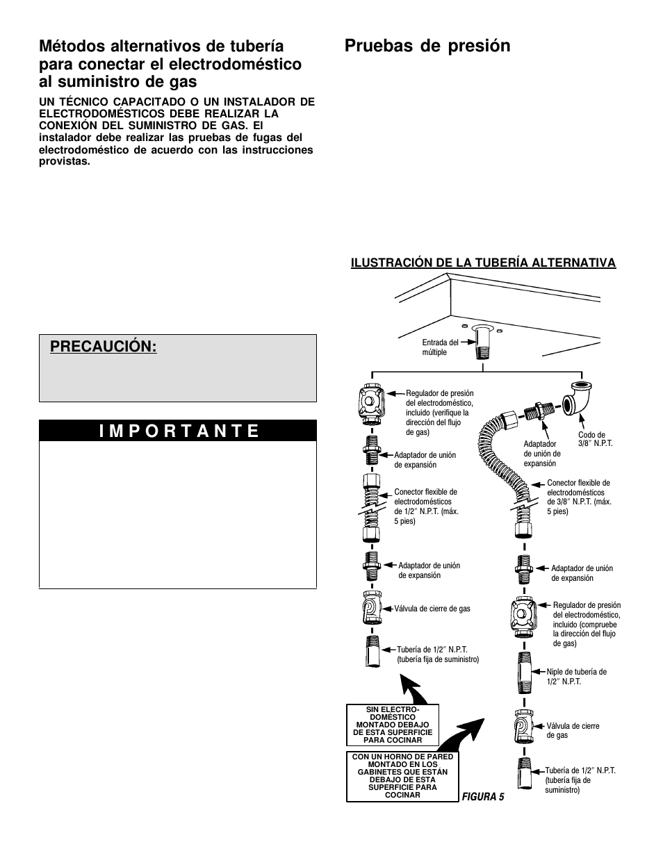 Pruebas de presión, Precaución, Ilustración de la tubería alternativa | Maytag MGC5536 User Manual | Page 18 / 36