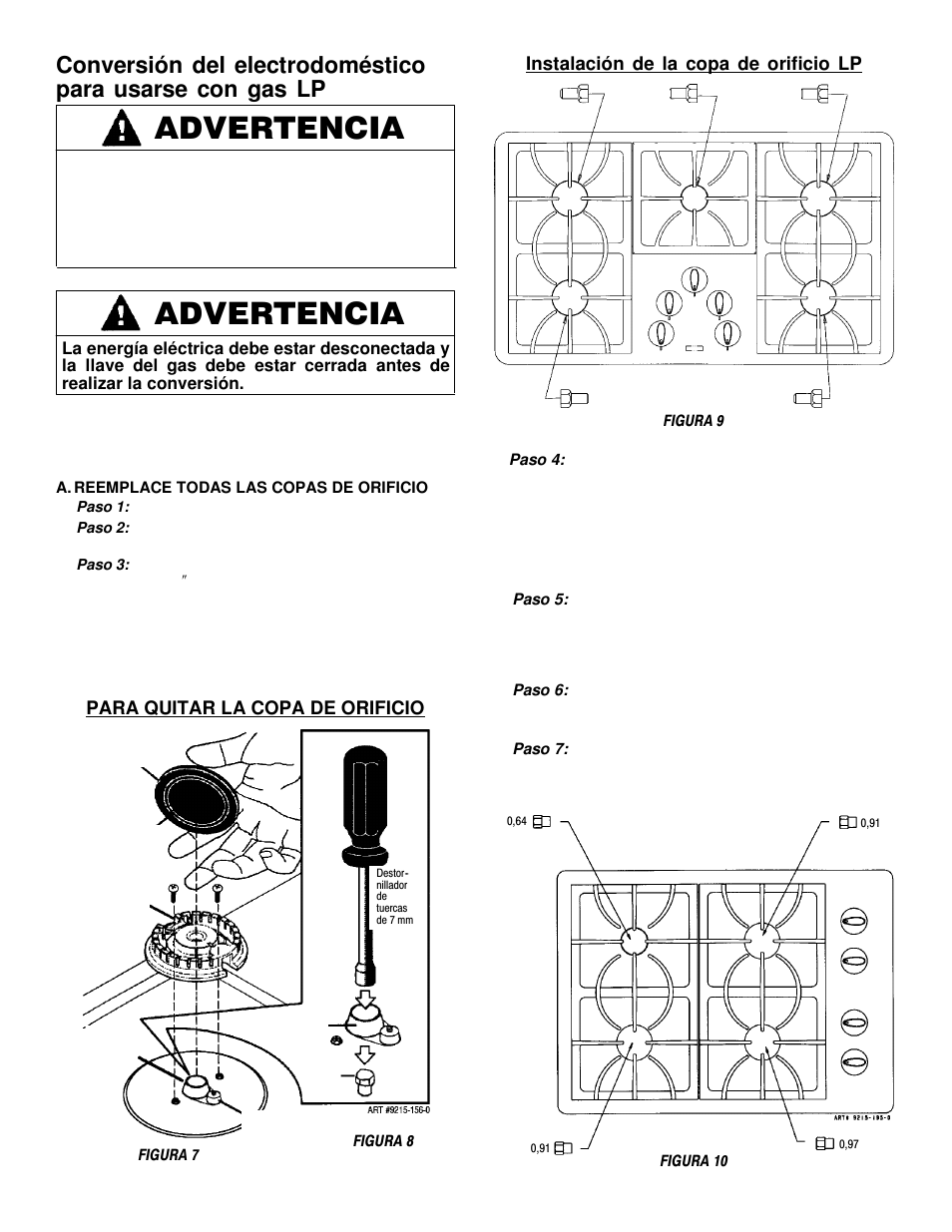 Advertencia, Para quitar la copa de orificio, Instalación de la copa de orificio lp | Maytag MGC5536 User Manual | Page 20 / 36