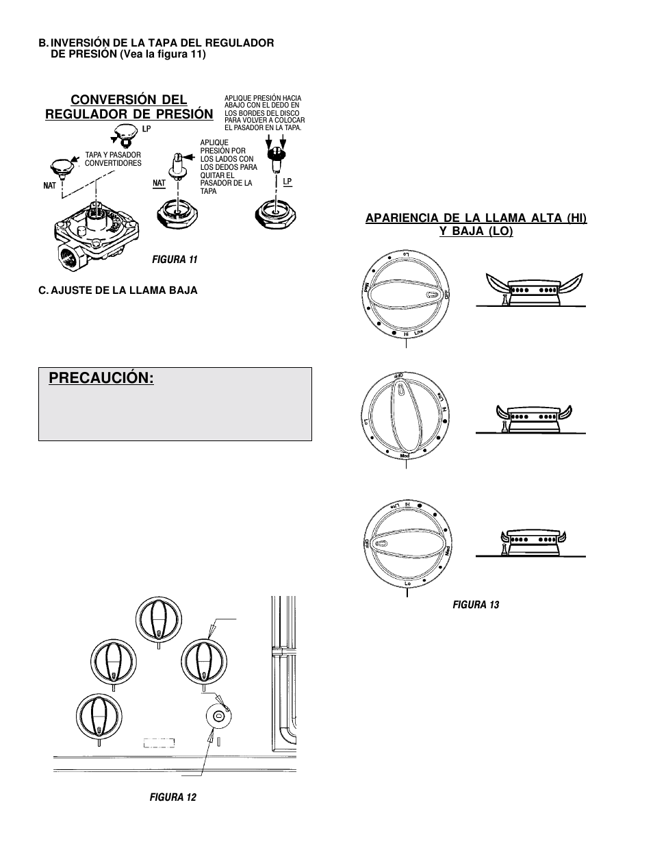 Precaución, Conversión del regulador de presión, Apariencia de la llama alta (hi) y baja (lo) | Maytag MGC5536 User Manual | Page 21 / 36