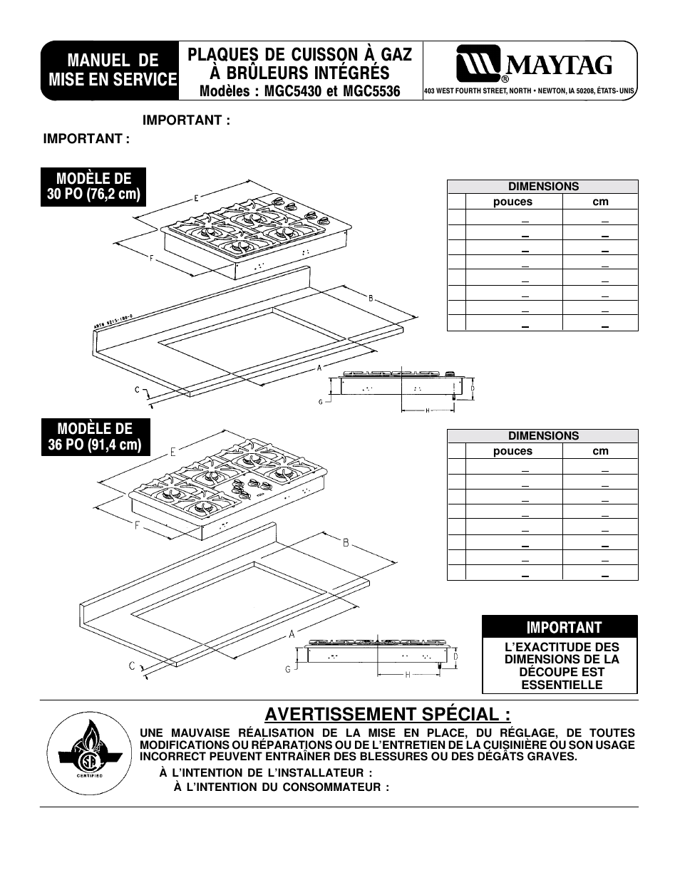 Avertissement spécial | Maytag MGC5536 User Manual | Page 25 / 36