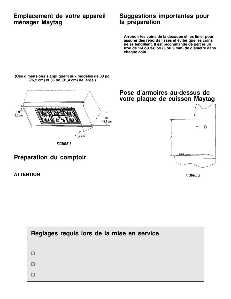 Emplacement de votre appareil ménager maytag, Préparation du comptoir, Suggestions importantes pour la préparation | Réglages requis lors de la mise en service | Maytag MGC5536 User Manual | Page 26 / 36