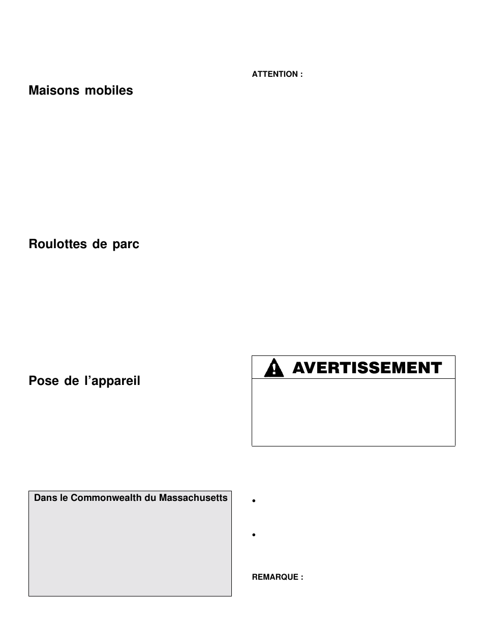 Avertissement, Maisons mobiles, Roulottes de parc | Pose de l’appareil | Maytag MGC5536 User Manual | Page 27 / 36
