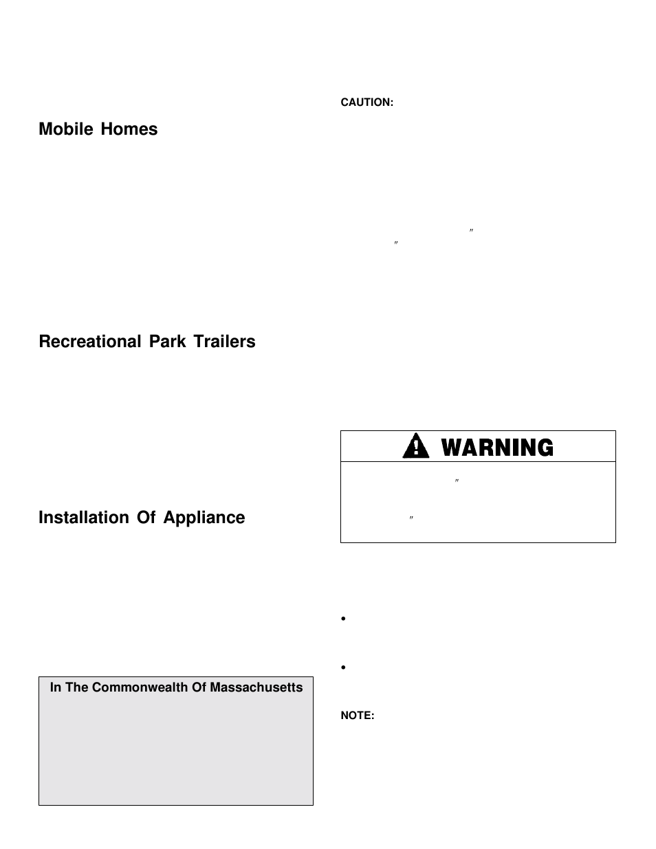 Mobile homes, Recreational park trailers, Installation of appliance | Maytag MGC5536 User Manual | Page 3 / 36