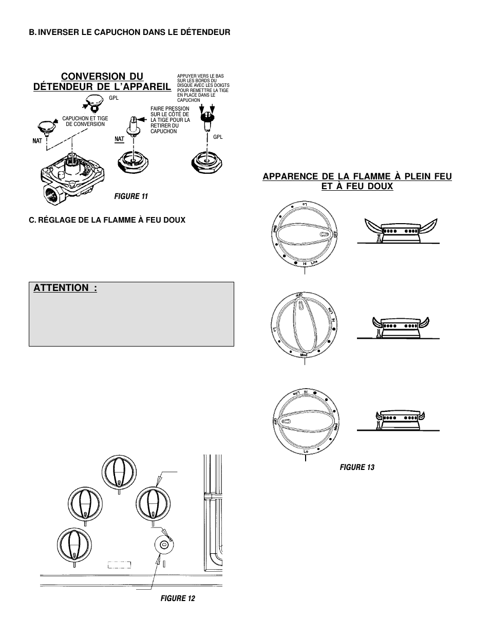 Conversion du détendeur de l’appareil, Attention, Apparence de la flamme à plein feu et à feu doux | Maytag MGC5536 User Manual | Page 33 / 36