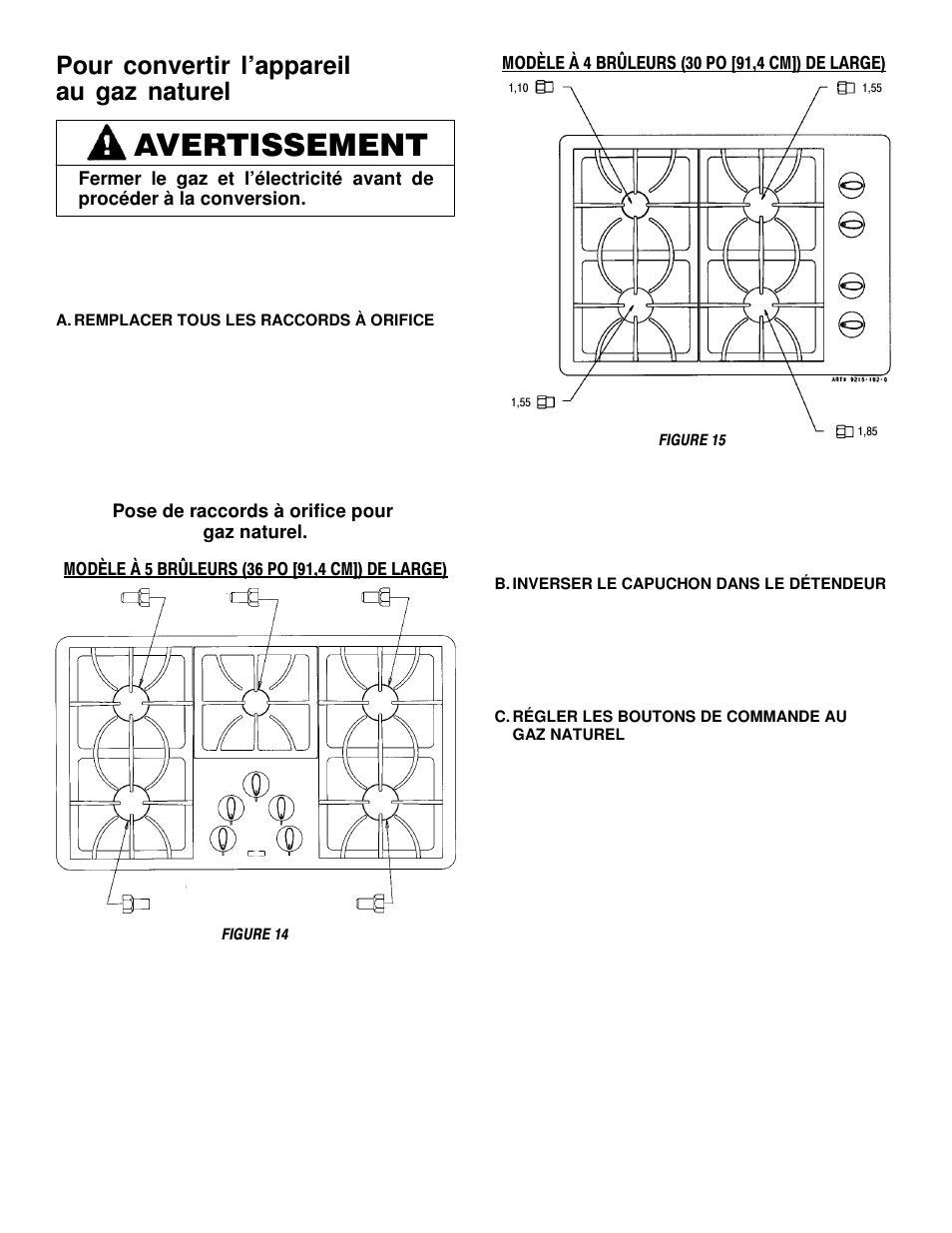 Avertissement, Pour convertir l’appareil au gaz naturel | Maytag MGC5536 User Manual | Page 34 / 36