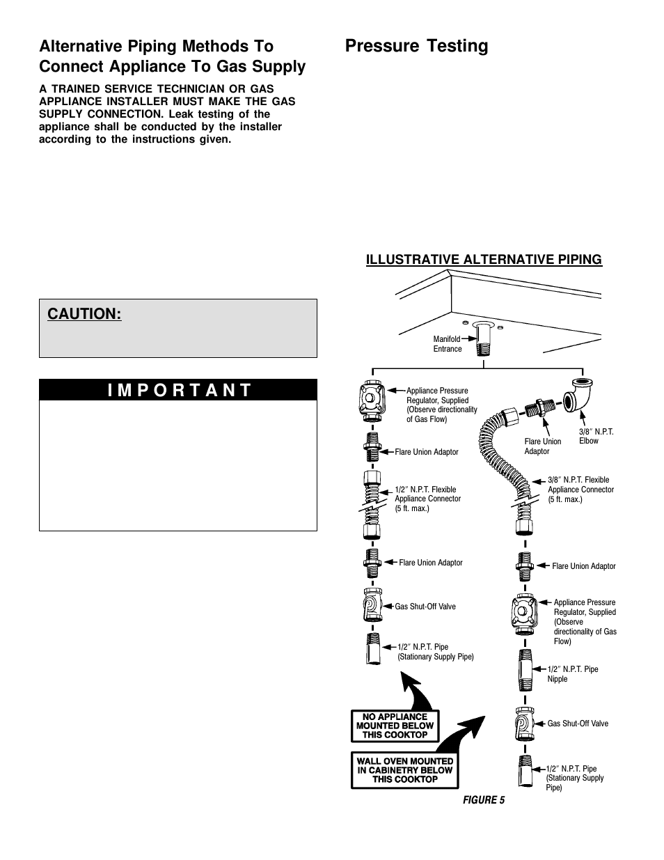 Pressure testing, Caution, Illustrative alternative piping | Maytag MGC5536 User Manual | Page 6 / 36