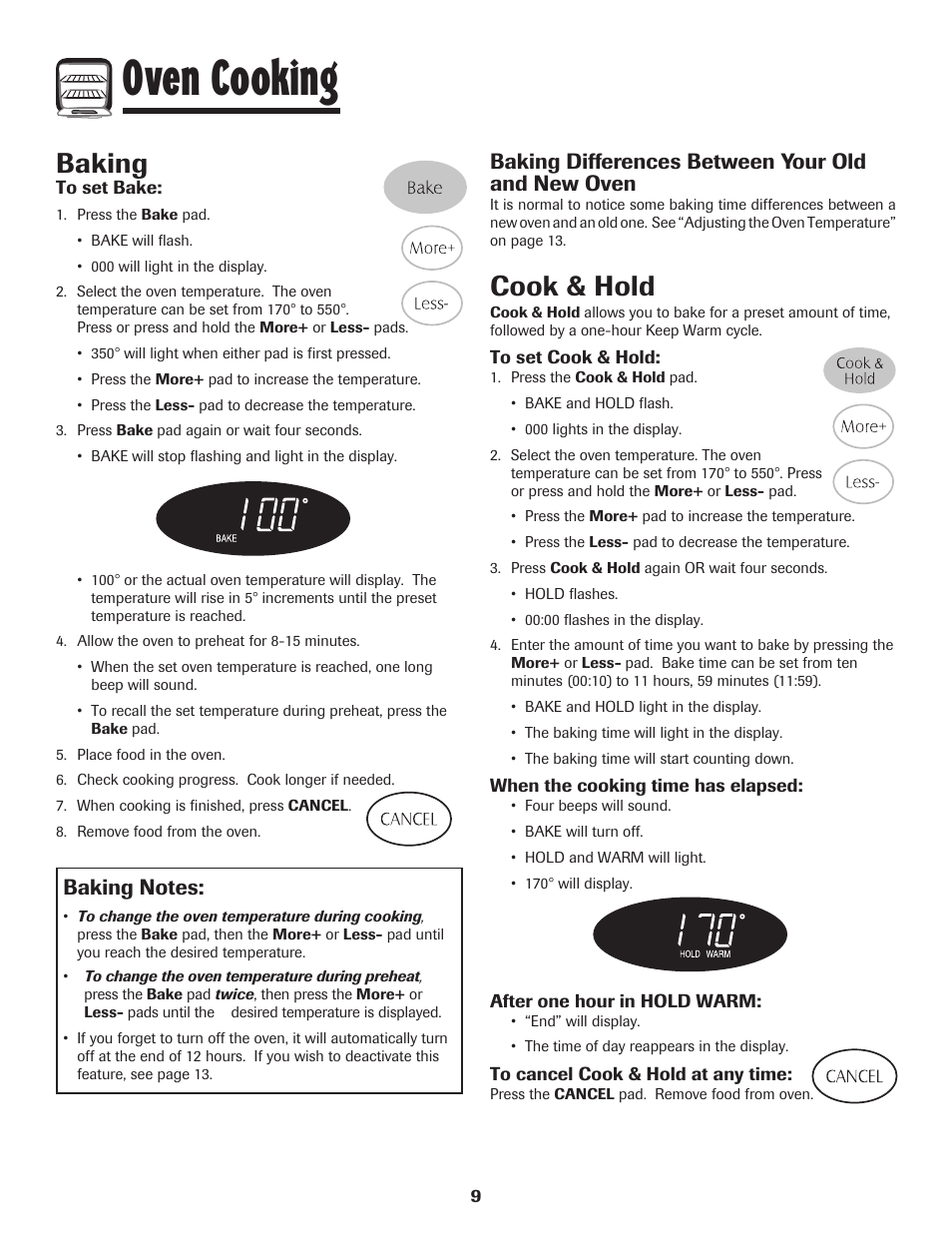 Oven cooking, Baking, Cook & hold | Baking differences between your old and new oven | Maytag Gas - Precision Touch Control 500 Range User Manual | Page 10 / 80