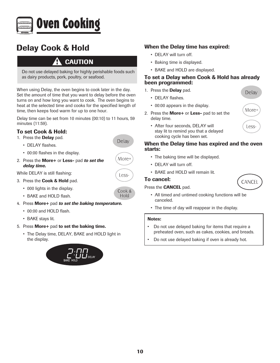 Oven cooking, Delay cook & hold, Caution | Maytag Gas - Precision Touch Control 500 Range User Manual | Page 11 / 80