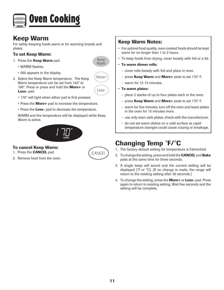 Oven cooking, Keep warm, Changing temp | Maytag Gas - Precision Touch Control 500 Range User Manual | Page 12 / 80