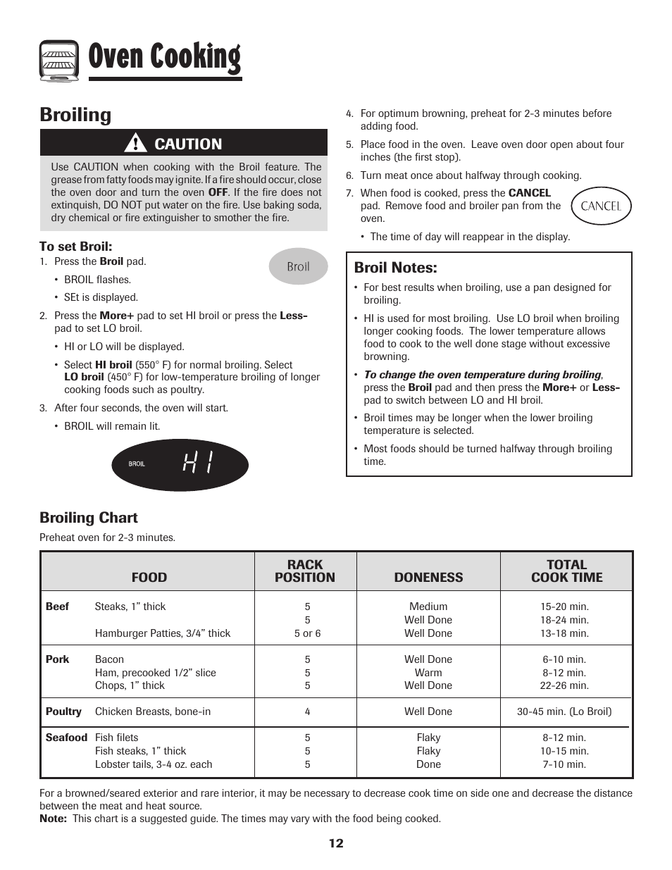 Oven cooking, Broiling, Broiling chart | Caution | Maytag Gas - Precision Touch Control 500 Range User Manual | Page 13 / 80