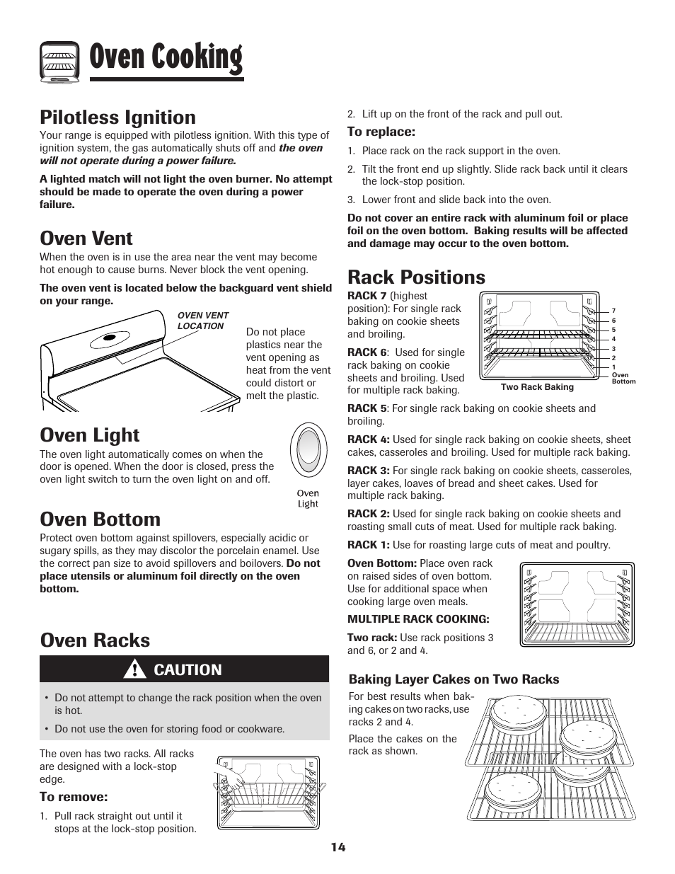 Oven cooking, Oven vent, Oven light | Oven bottom, Oven racks, Rack positions, Pilotless ignition, Caution | Maytag Gas - Precision Touch Control 500 Range User Manual | Page 15 / 80