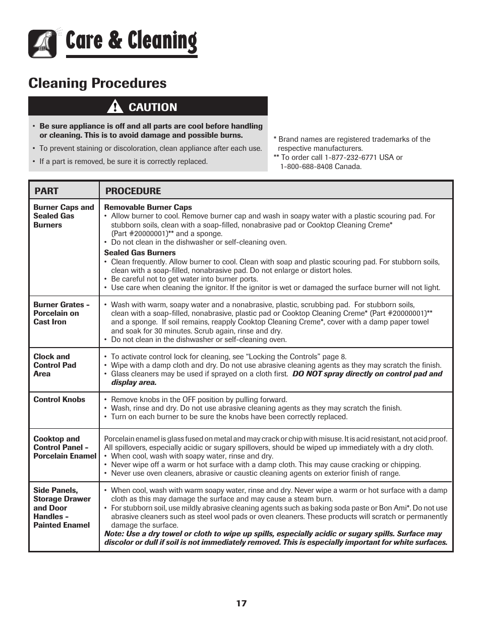 Care & cleaning, Cleaning procedures, Caution | Maytag Gas - Precision Touch Control 500 Range User Manual | Page 18 / 80