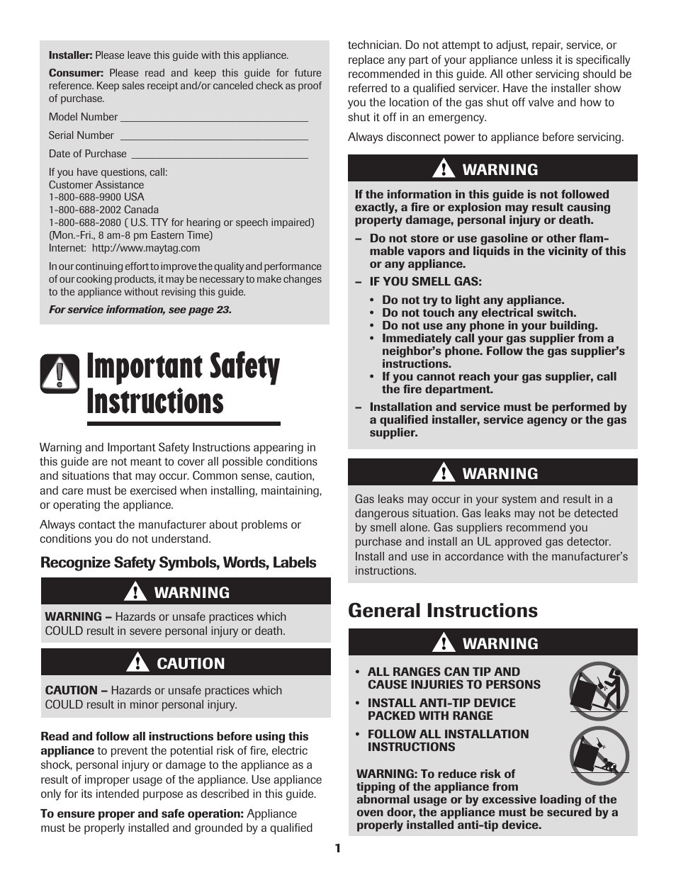 Important safety instructions, General instructions | Maytag Gas - Precision Touch Control 500 Range User Manual | Page 2 / 80