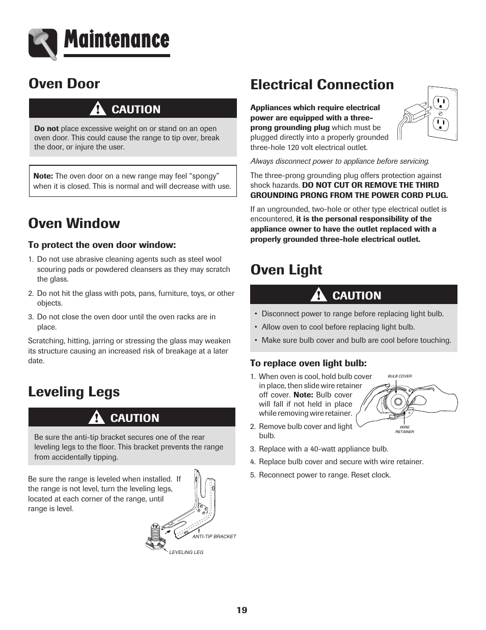 Maintenance, Oven door, Oven window | Electrical connection, Leveling legs, Oven light, Caution | Maytag Gas - Precision Touch Control 500 Range User Manual | Page 20 / 80