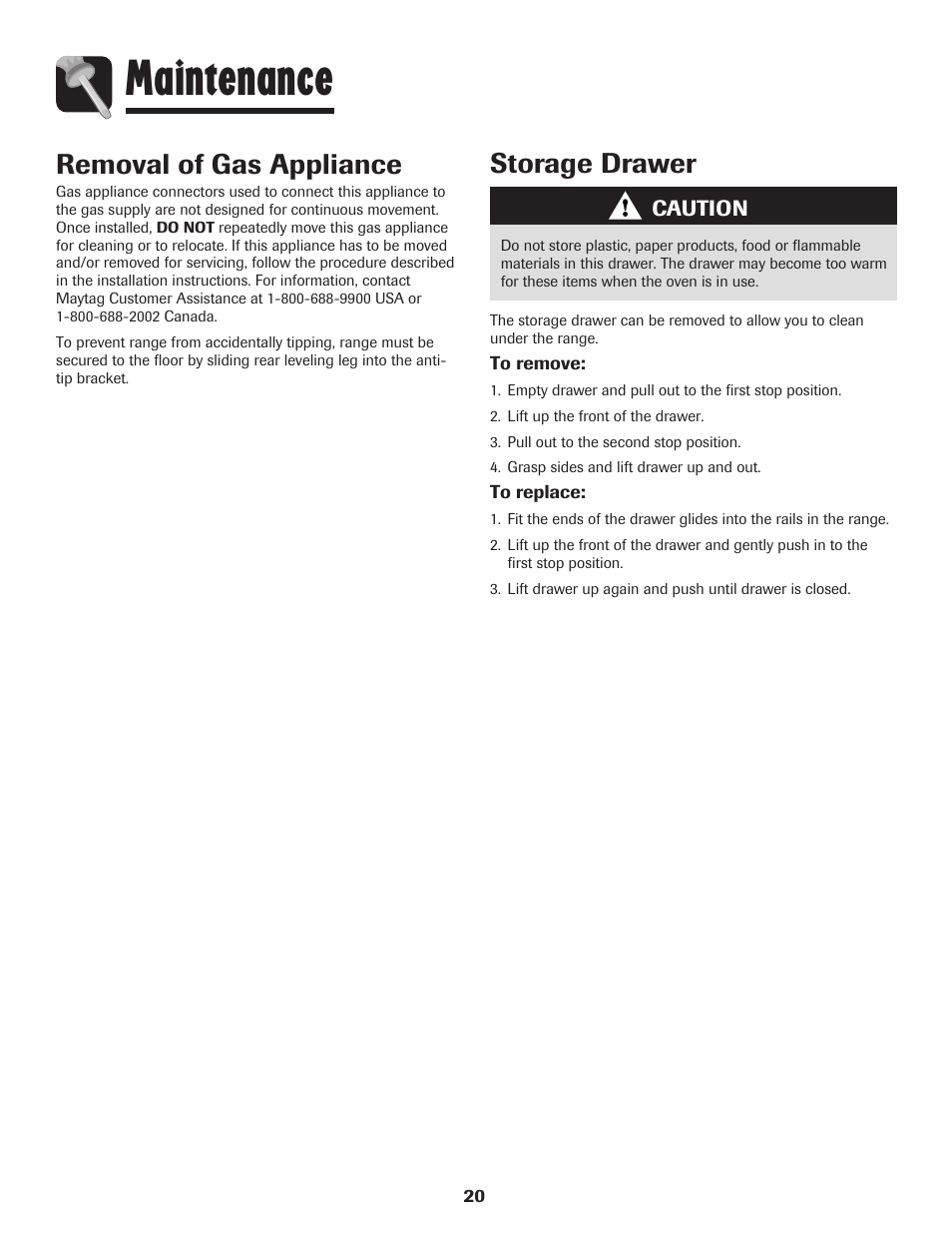 Maintenance, Storage drawer, Removal of gas appliance | Maytag Gas - Precision Touch Control 500 Range User Manual | Page 21 / 80