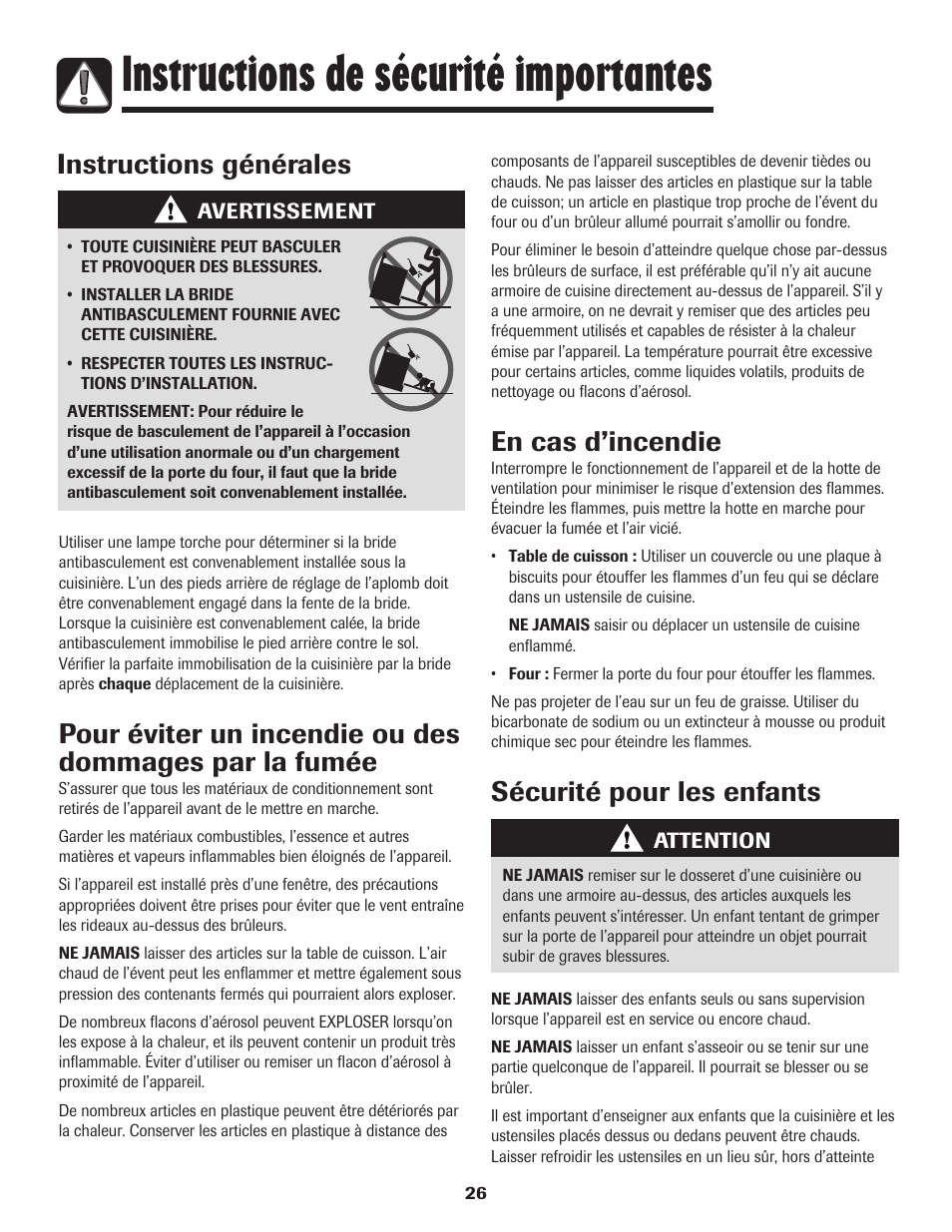 Instructions de sécurité importantes, Instructions générales, En cas d’incendie | Sécurité pour les enfants | Maytag Gas - Precision Touch Control 500 Range User Manual | Page 27 / 80