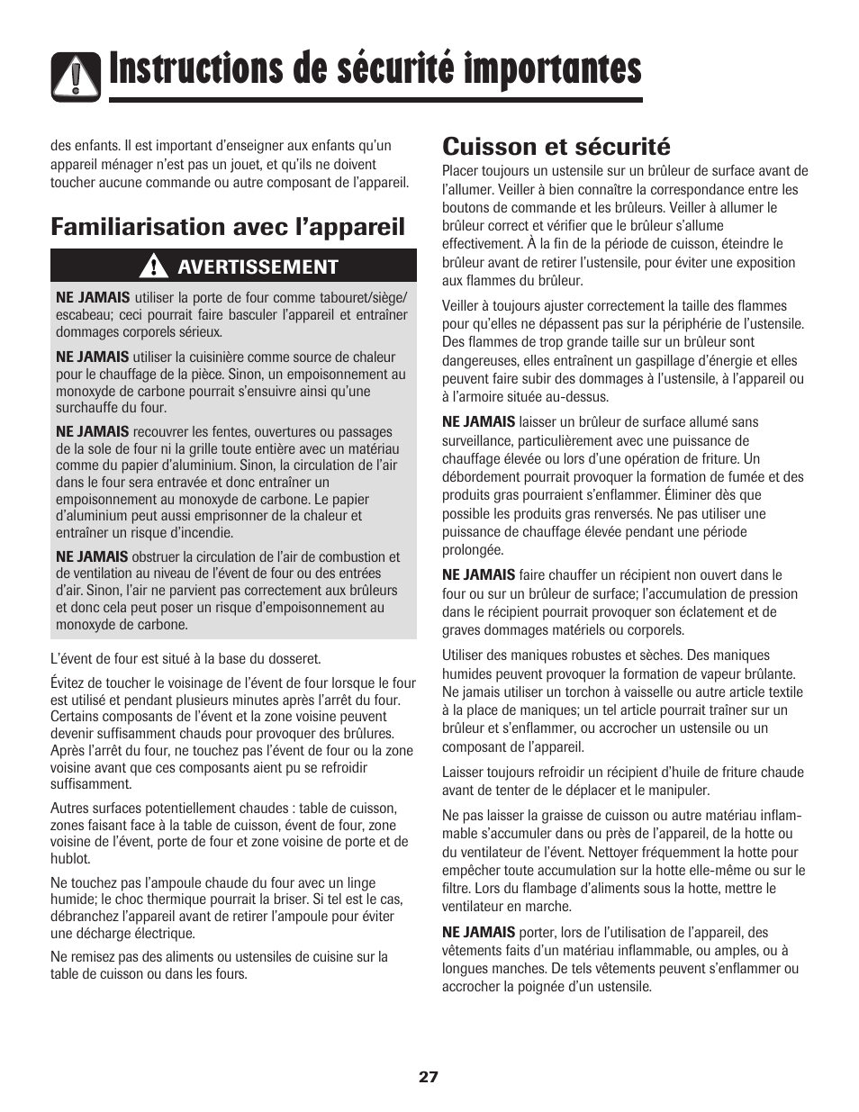 Instructions de sécurité importantes, Familiarisation avec l’appareil, Cuisson et sécurité | Maytag Gas - Precision Touch Control 500 Range User Manual | Page 28 / 80