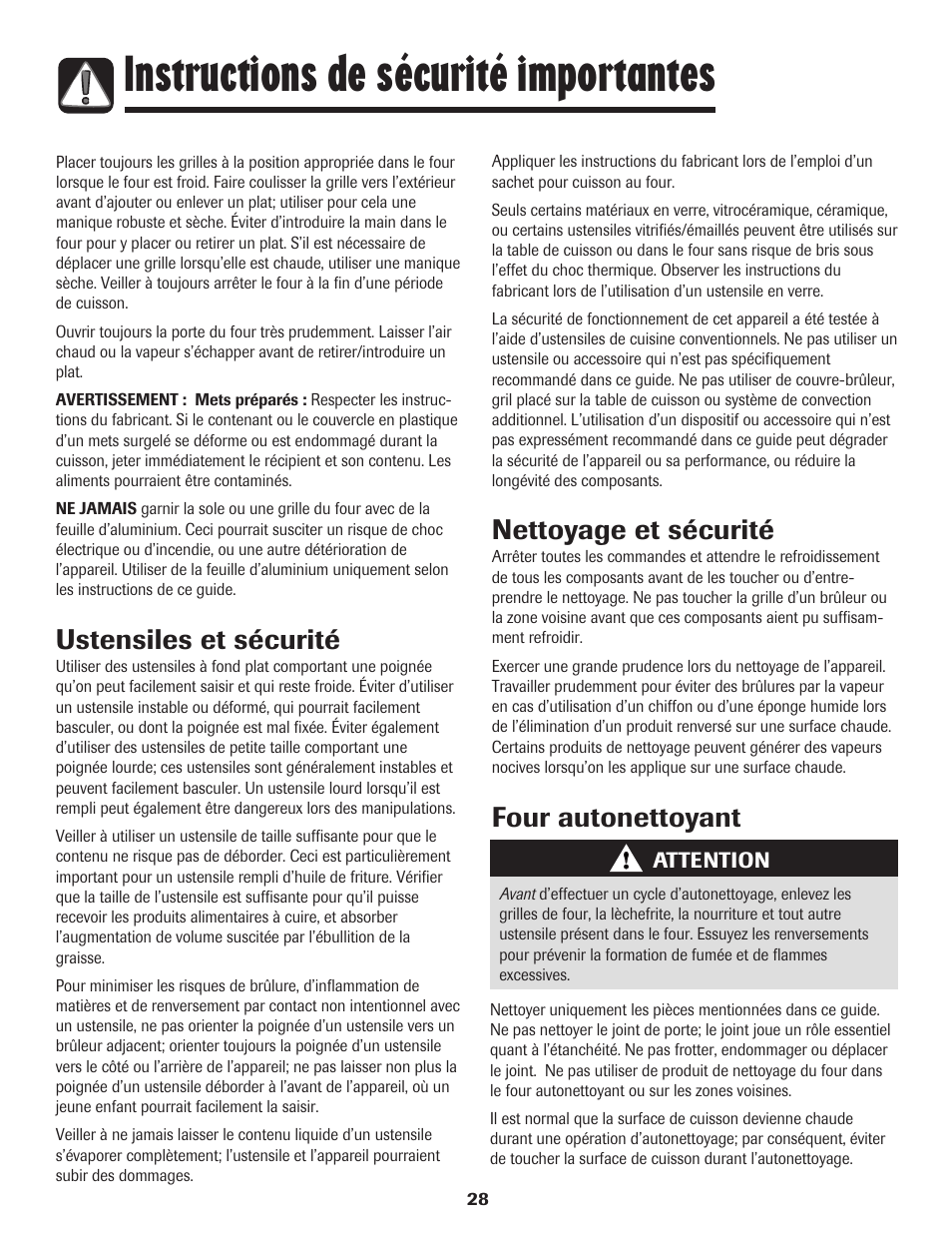 Instructions de sécurité importantes, Ustensiles et sécurité, Nettoyage et sécurité | Four autonettoyant | Maytag Gas - Precision Touch Control 500 Range User Manual | Page 29 / 80