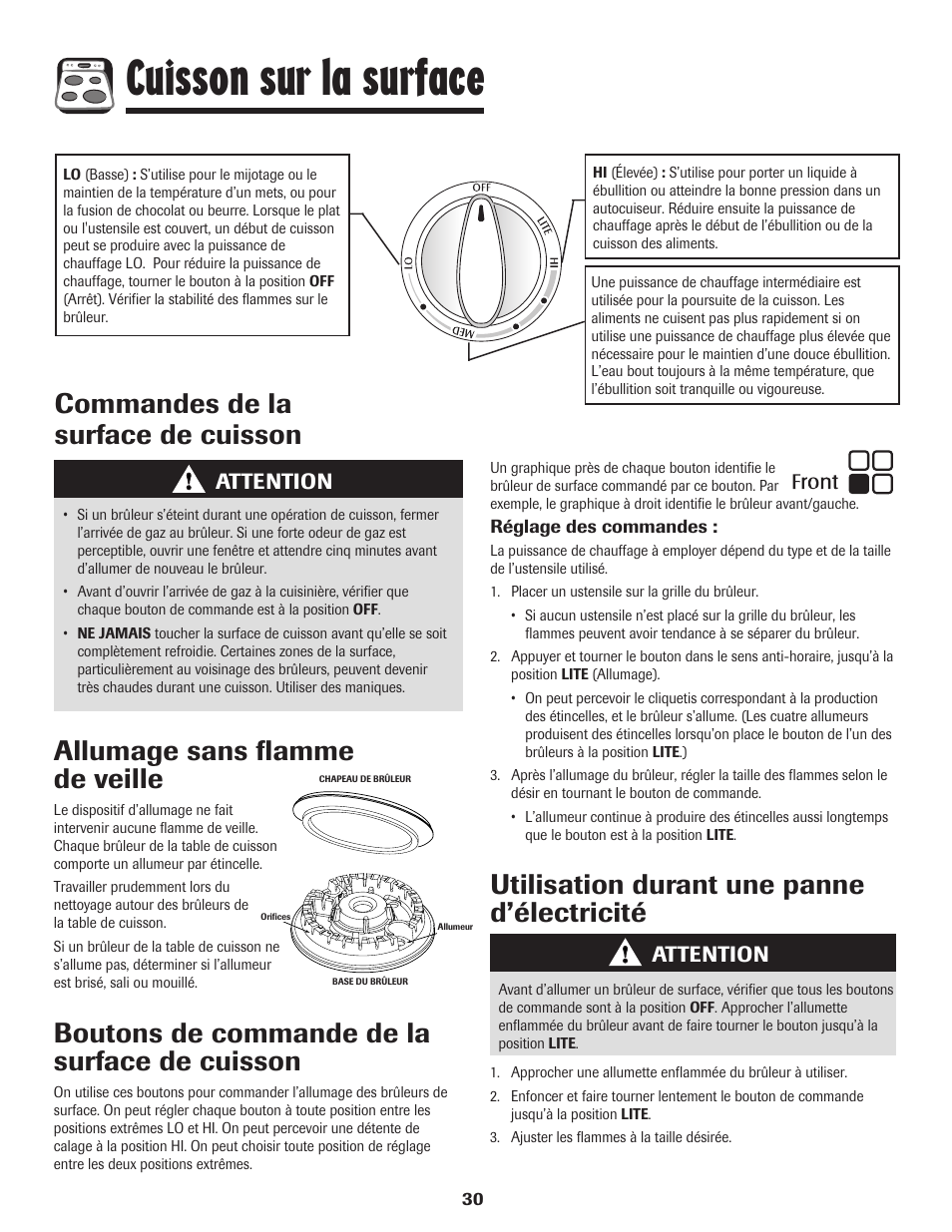 Cuisson sur la surface, Attention | Maytag Gas - Precision Touch Control 500 Range User Manual | Page 31 / 80