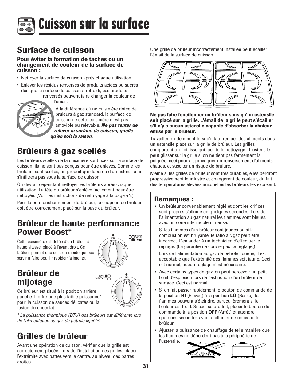 Cuisson sur la surface, Surface de cuisson, Brûleurs à gaz scellés | Brûleur de haute performance power boost, Brûleur de mijotage, Grilles de brûleur | Maytag Gas - Precision Touch Control 500 Range User Manual | Page 32 / 80