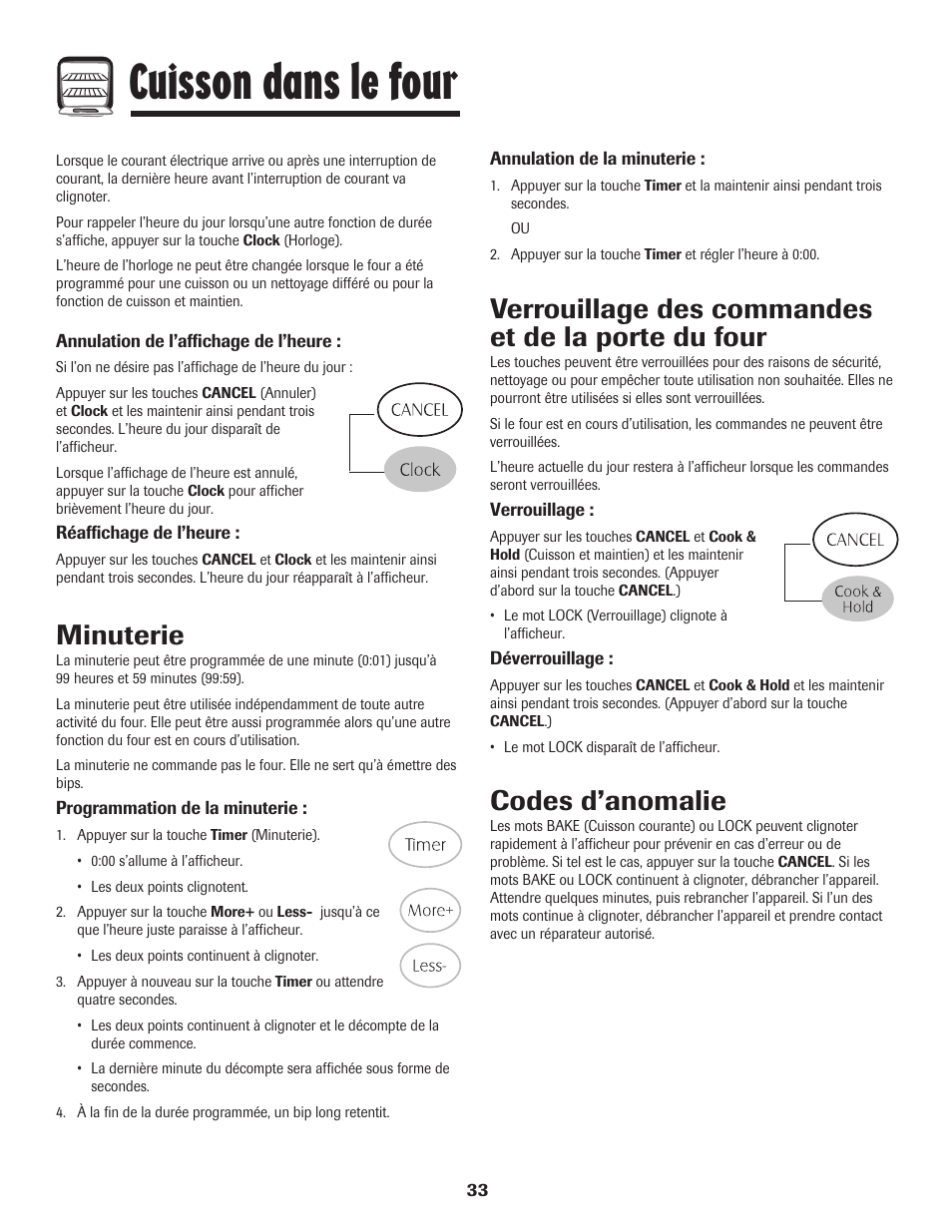 Cuisson dans le four, Minuterie, Verrouillage des commandes et de la porte du four | Codes d’anomalie | Maytag Gas - Precision Touch Control 500 Range User Manual | Page 34 / 80