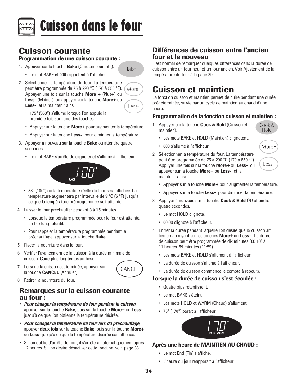 Cuisson dans le four, Cuisson courante, Cuisson et maintien | Remarques sur la cuisson courante au four | Maytag Gas - Precision Touch Control 500 Range User Manual | Page 35 / 80