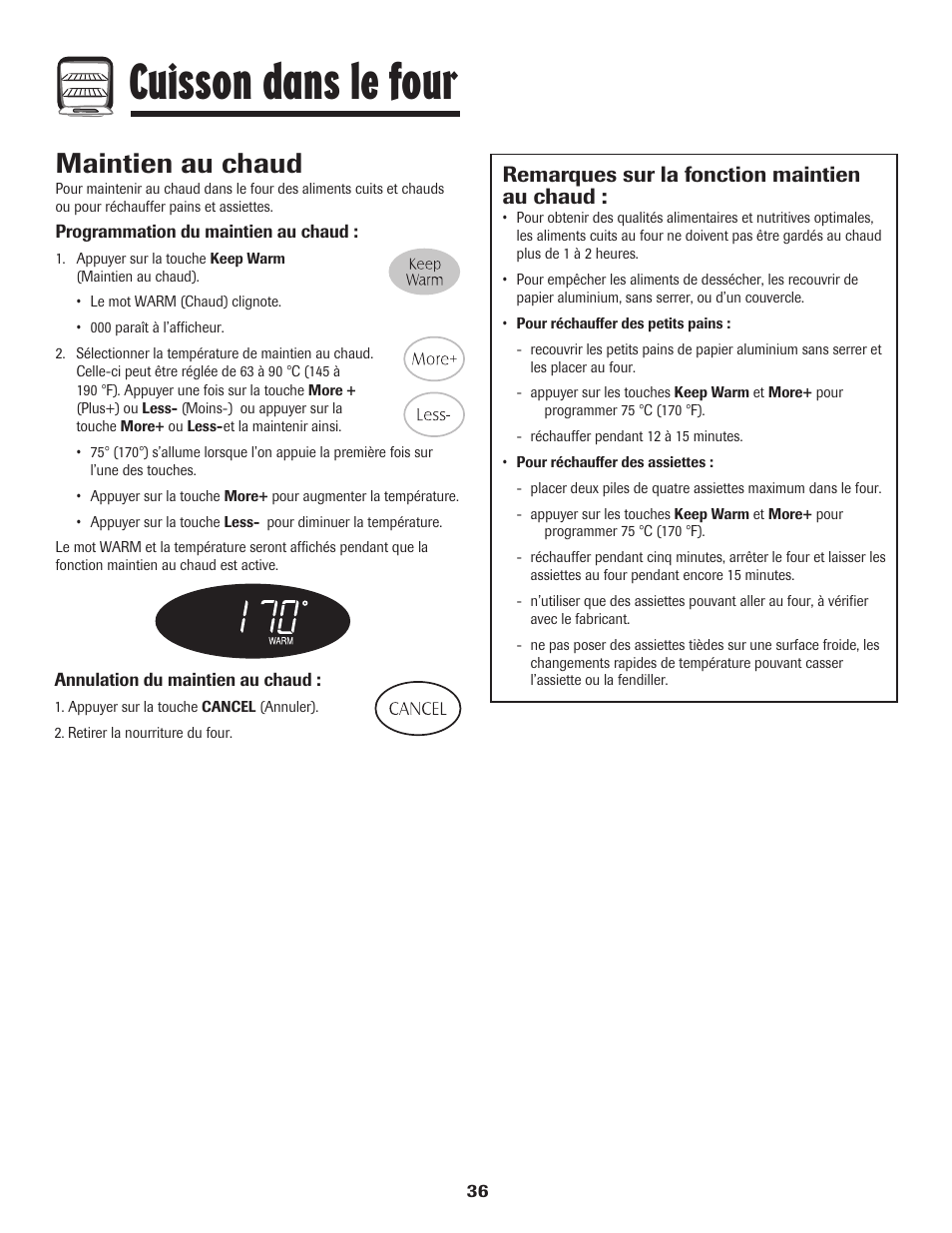 Cuisson dans le four, Maintien au chaud, Remarques sur la fonction maintien au chaud | Maytag Gas - Precision Touch Control 500 Range User Manual | Page 37 / 80