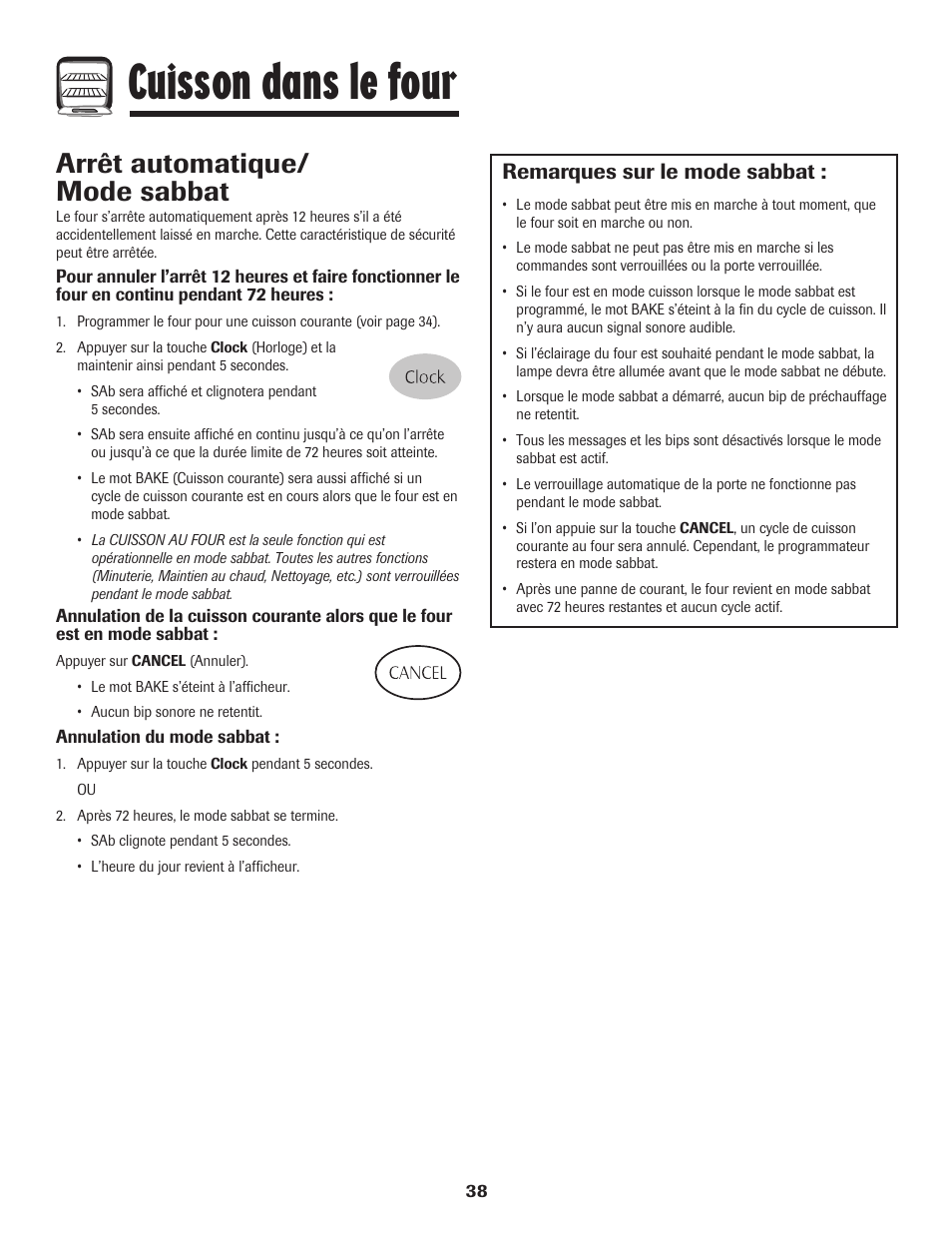 Cuisson dans le four, Arrêt automatique/ mode sabbat, Remarques sur le mode sabbat | Maytag Gas - Precision Touch Control 500 Range User Manual | Page 39 / 80