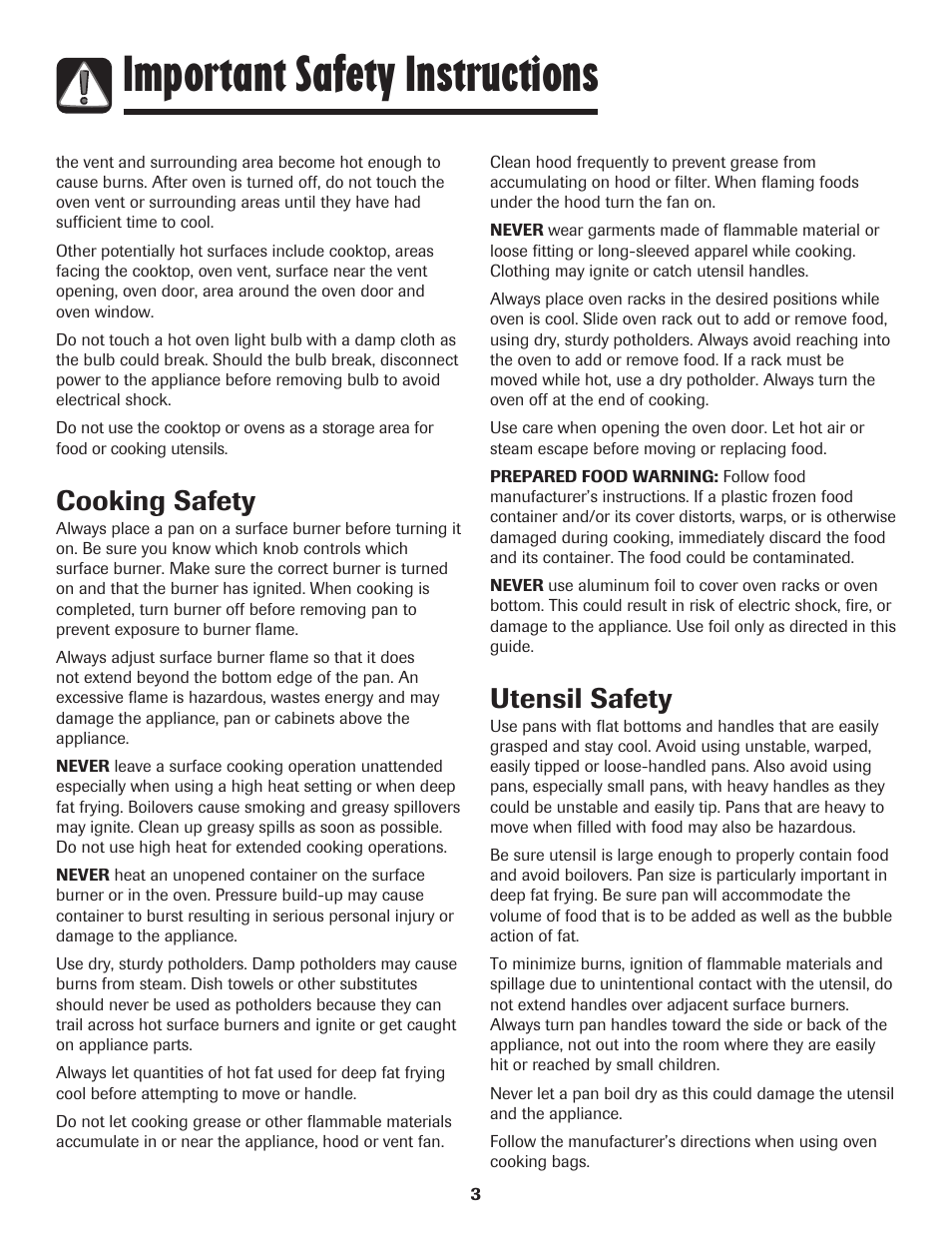 Important safety instructions, Cooking safety, Utensil safety | Maytag Gas - Precision Touch Control 500 Range User Manual | Page 4 / 80