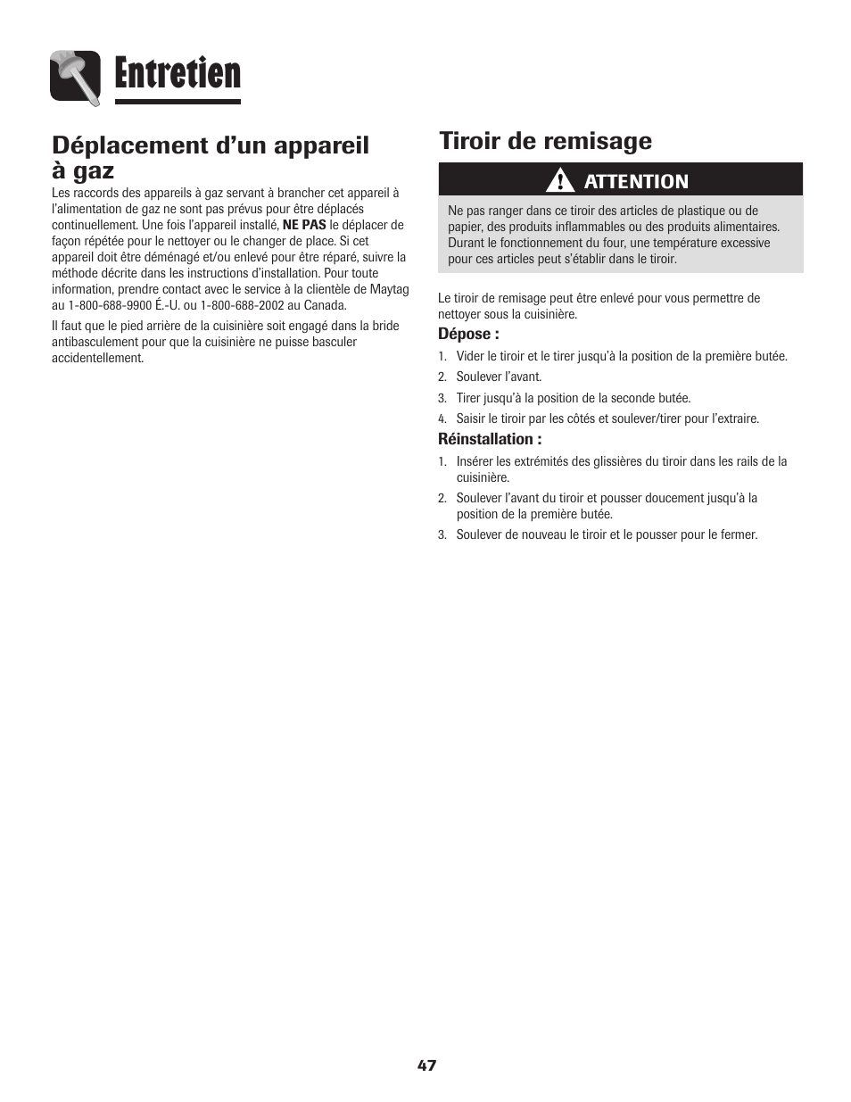 Entretien, Tiroir de remisage déplacement d’un appareil à gaz | Maytag Gas - Precision Touch Control 500 Range User Manual | Page 48 / 80