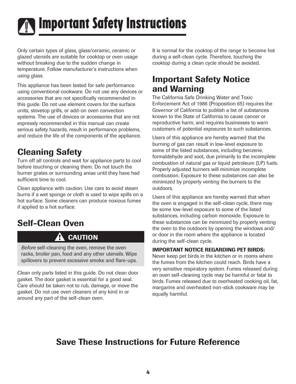 Important safety instructions, Cleaning safety, Self-clean oven | Important safety notice and warning, Save these instructions for future reference | Maytag Gas - Precision Touch Control 500 Range User Manual | Page 5 / 80