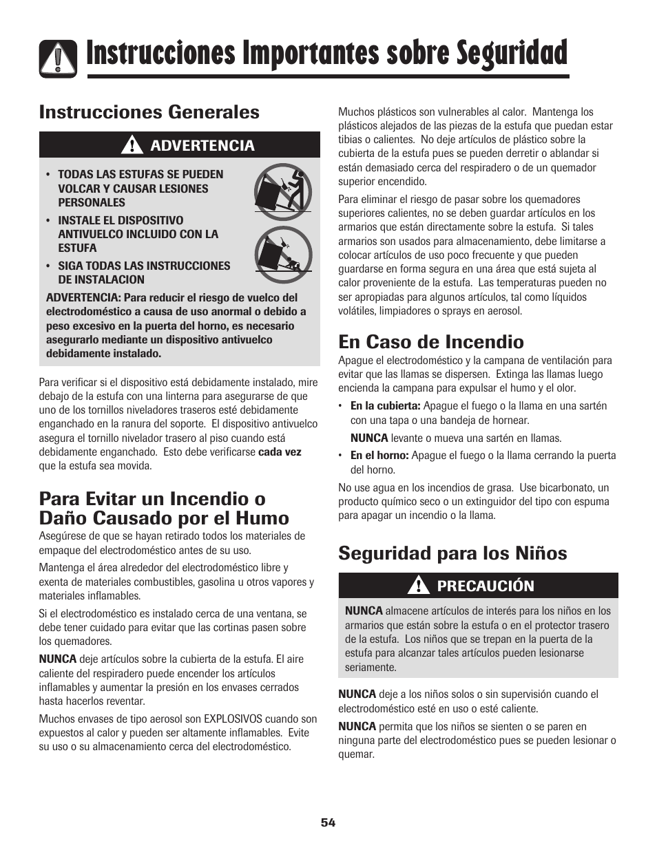 Instrucciones importantes sobre seguridad, Instrucciones generales, Para evitar un incendio o daño causado por el humo | En caso de incendio, Seguridad para los niños | Maytag Gas - Precision Touch Control 500 Range User Manual | Page 55 / 80