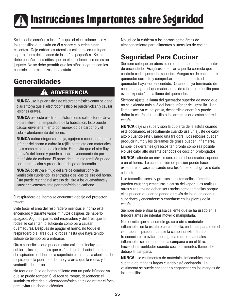 Instrucciones importantes sobre seguridad, Generalidades seguridad para cocinar | Maytag Gas - Precision Touch Control 500 Range User Manual | Page 56 / 80