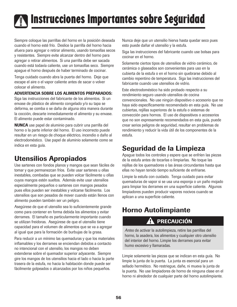 Instrucciones importantes sobre seguridad, Utensilios apropiados, Seguridad de la limpieza | Horno autolimpiante | Maytag Gas - Precision Touch Control 500 Range User Manual | Page 57 / 80