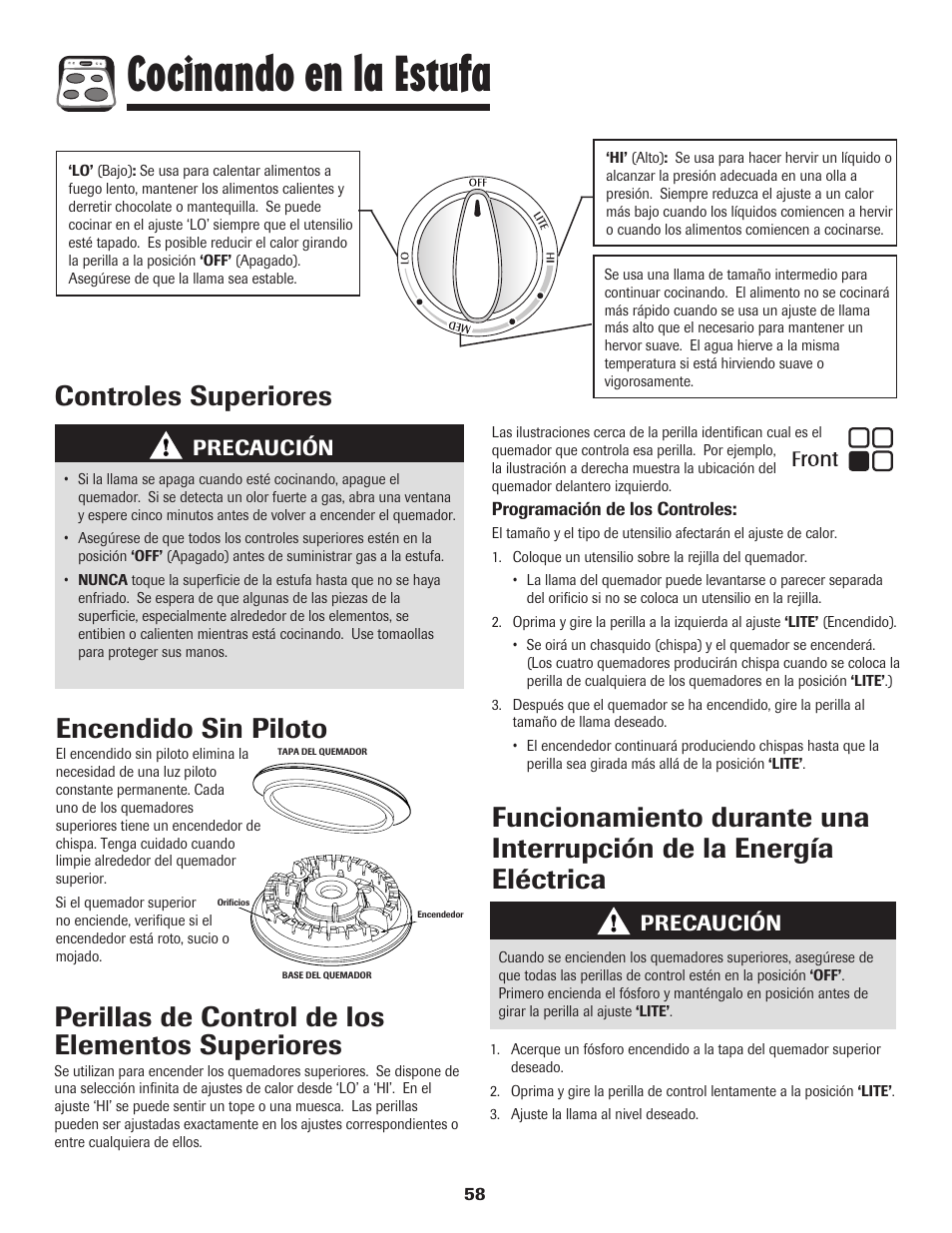 Cocinando en la estufa, Controles superiores encendido sin piloto, Precaución | Maytag Gas - Precision Touch Control 500 Range User Manual | Page 59 / 80