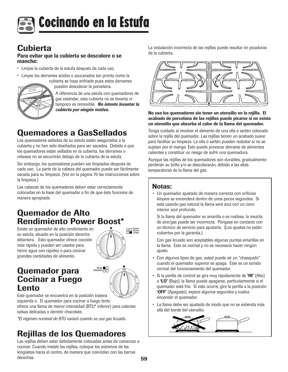 Cocinando en la estufa, Cubierta, Quemadores a gassellados | Quemador de alto rendimiento power boost, Quemador para cocinar a fuego lento, Rejillas de los quemadores | Maytag Gas - Precision Touch Control 500 Range User Manual | Page 60 / 80