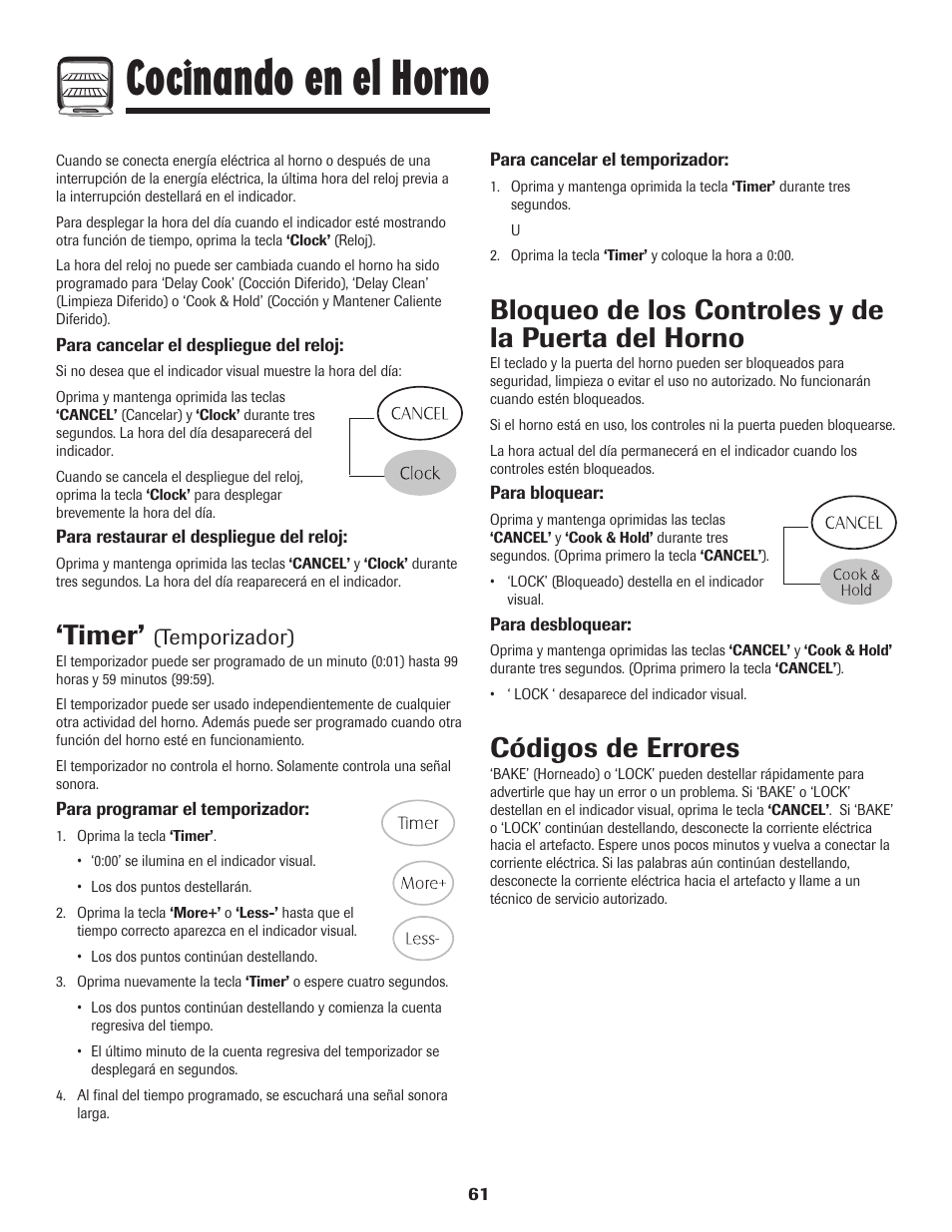 Cocinando en el horno, Timer, Bloqueo de los controles y de la puerta del horno | Códigos de errores, Temporizador) | Maytag Gas - Precision Touch Control 500 Range User Manual | Page 62 / 80