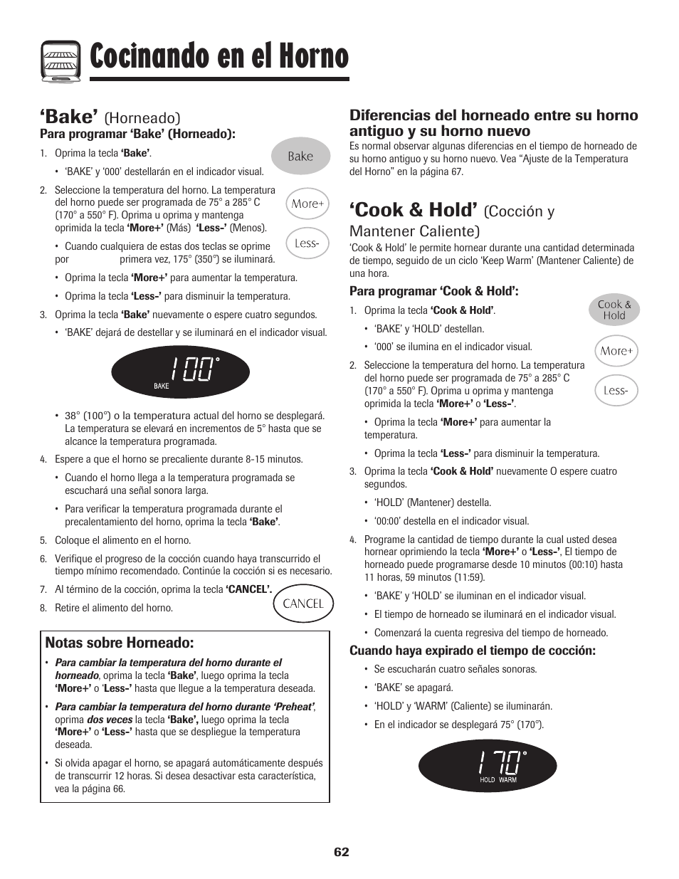 Cocinando en el horno, Bake, Cook & hold | Notas sobre horneado, Horneado), Cocción y mantener caliente) | Maytag Gas - Precision Touch Control 500 Range User Manual | Page 63 / 80