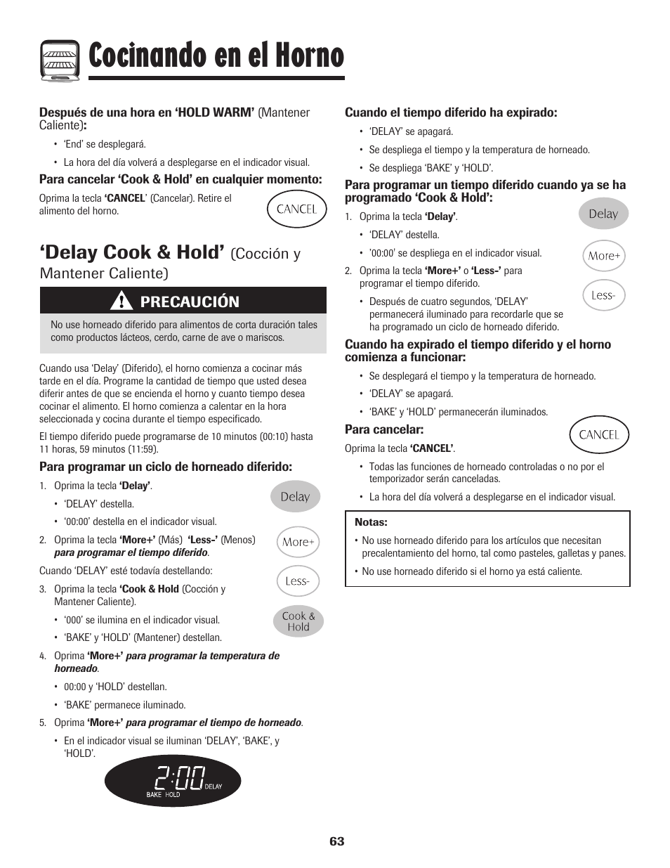 Cocinando en el horno, Delay cook & hold, Cocción y mantener caliente) | Precaución | Maytag Gas - Precision Touch Control 500 Range User Manual | Page 64 / 80