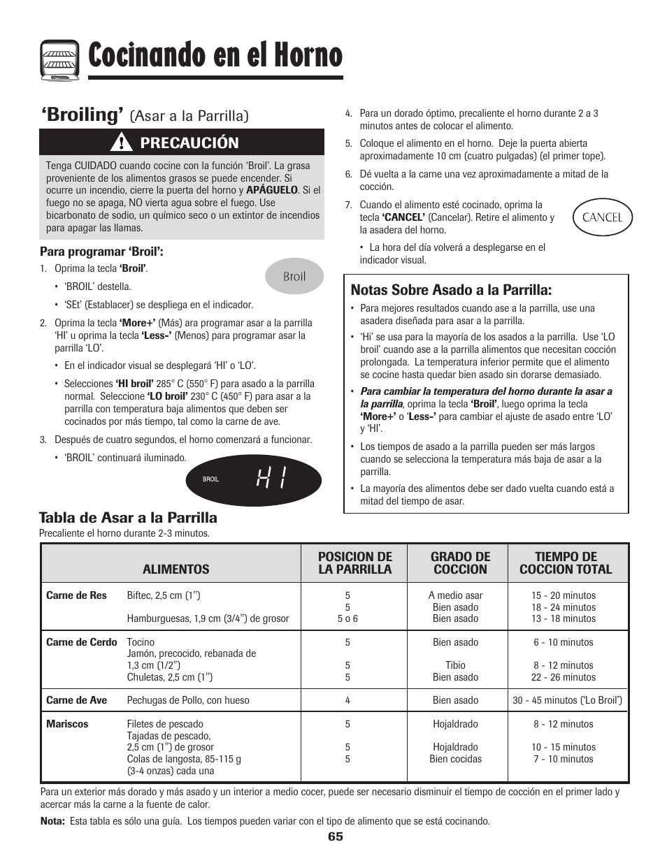 Cocinando en el horno, Broiling, Asar a la parrilla) | Tabla de asar a la parrilla, Notas sobre asado a la parrilla, Precaución | Maytag Gas - Precision Touch Control 500 Range User Manual | Page 66 / 80