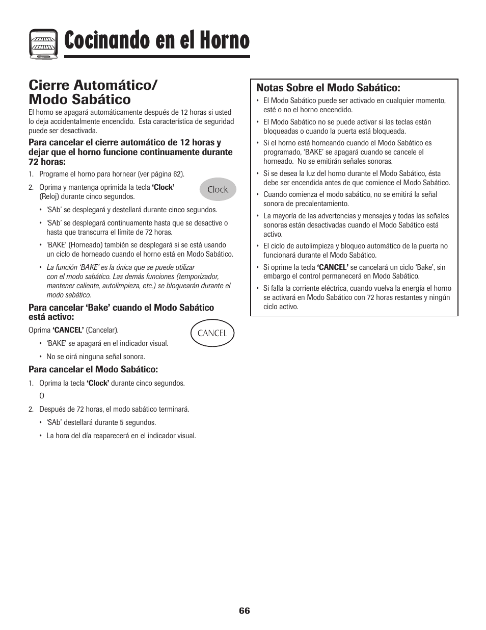 Cocinando en el horno, Cierre automático/ modo sabático, Notas sobre el modo sabático | Maytag Gas - Precision Touch Control 500 Range User Manual | Page 67 / 80