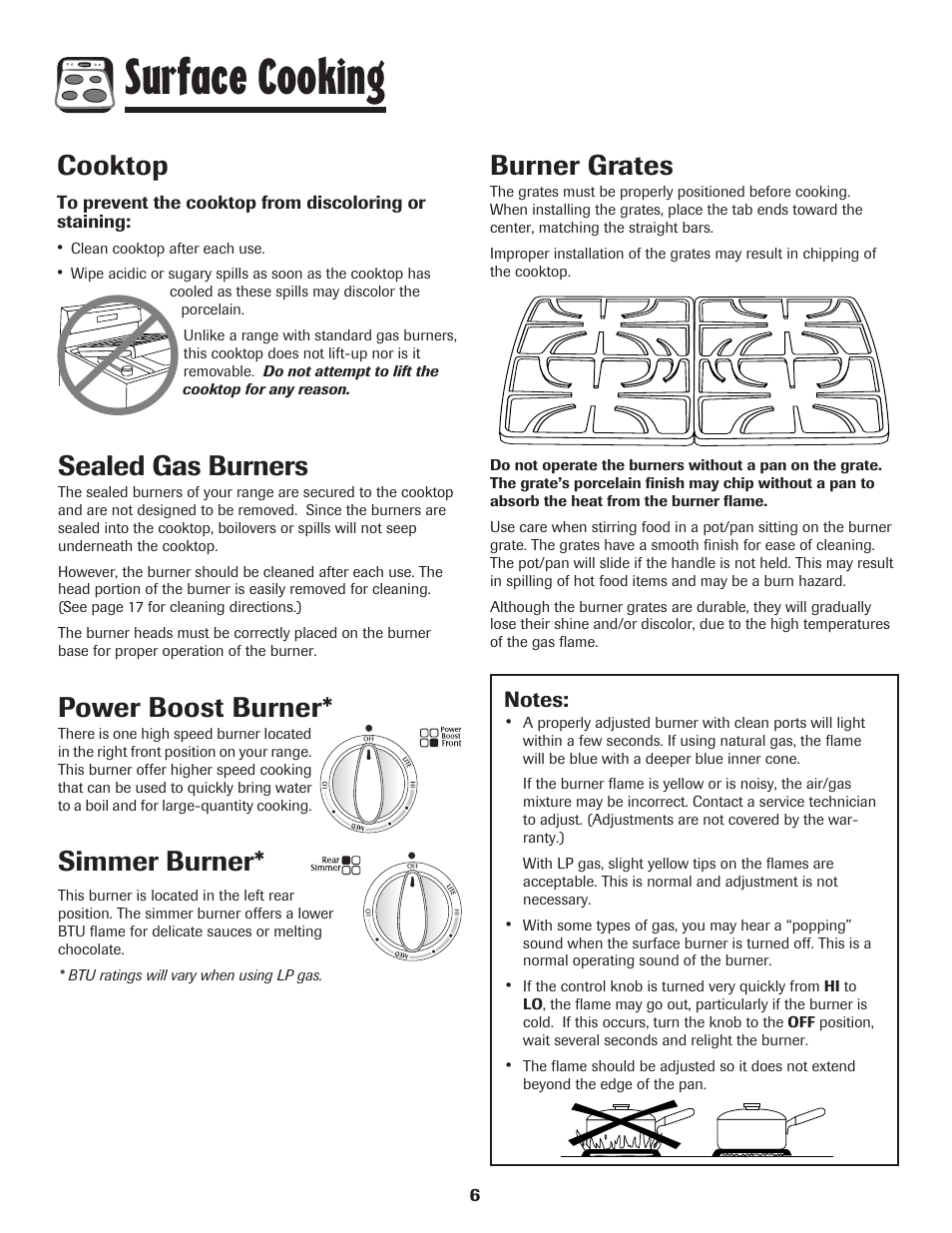 Surface cooking, Cooktop, Sealed gas burners | Power boost burner, Simmer burner, Burner grates | Maytag Gas - Precision Touch Control 500 Range User Manual | Page 7 / 80