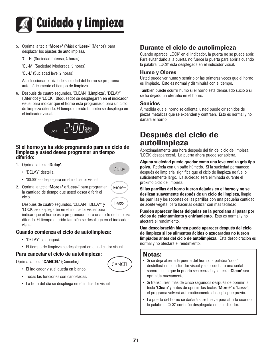 Cuidado y limpieza, Después del ciclo de autolimpieza, Notas | Durante el ciclo de autolimpieza | Maytag Gas - Precision Touch Control 500 Range User Manual | Page 72 / 80