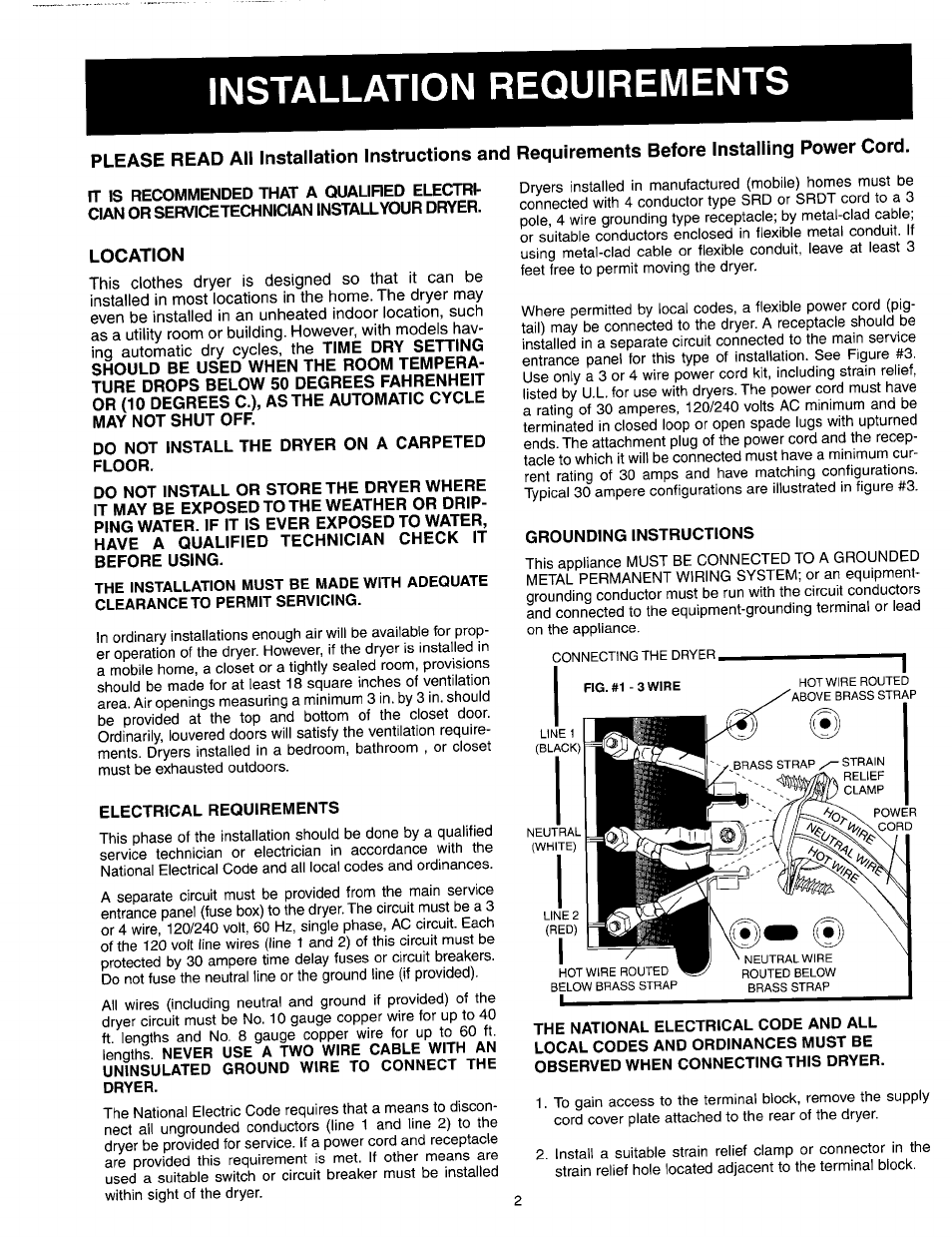 Location, Do not install the dryer on a carpeted floor, Electrical requirements | Grounding instructions, Installation requirements | Maytag 53-3442 User Manual | Page 2 / 6