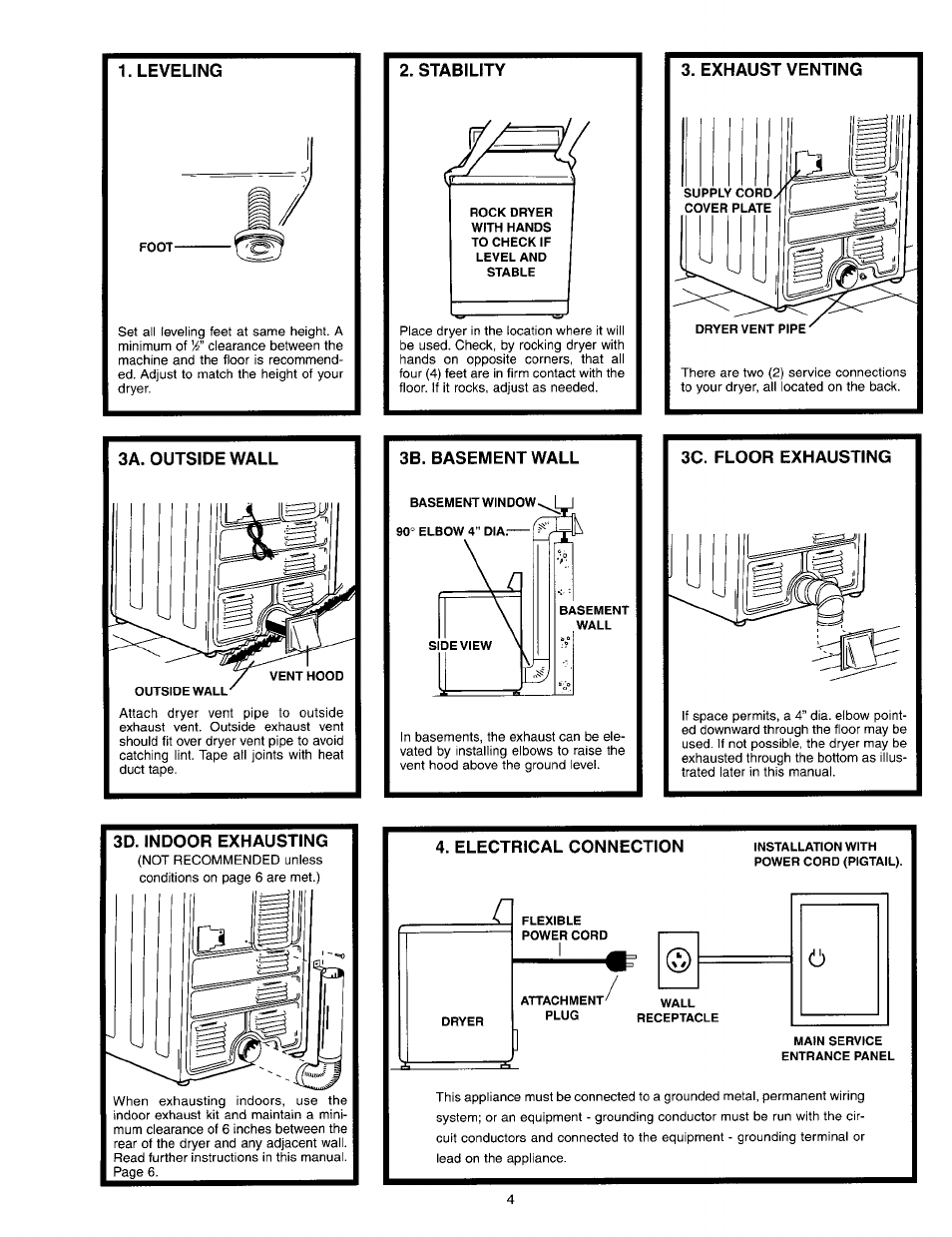 Stability, 3a. outside wall, 3b. basement wall | 3c. floor exhausting, Electrical connection | Maytag 53-3442 User Manual | Page 4 / 6