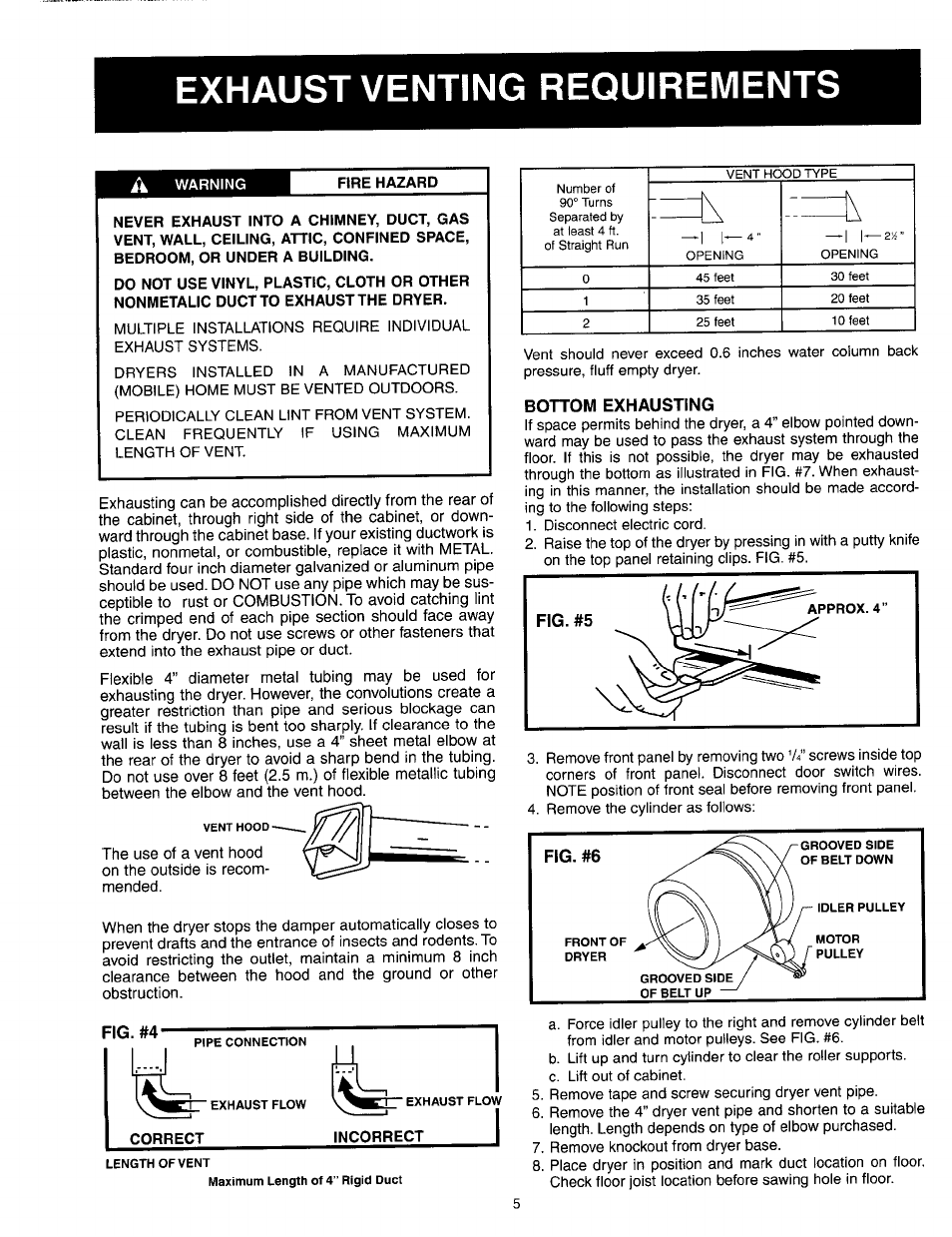 Fire hazard, Fig. #4, Correct incorrect | Bottom exhausting, Exhaust venting requirements | Maytag 53-3442 User Manual | Page 5 / 6