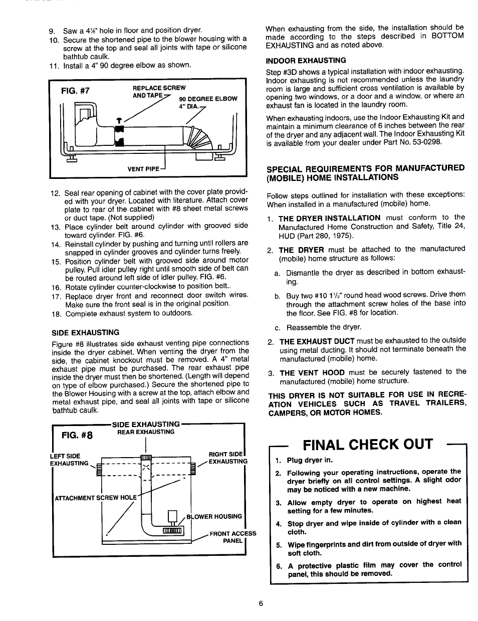 Special requirements for manufactured, Mobile) home installations, Final check out | Maytag 53-3442 User Manual | Page 6 / 6